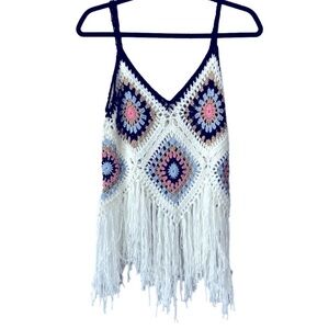 NWT Crochet Fringe Granny Square Festival Boho Top Tank